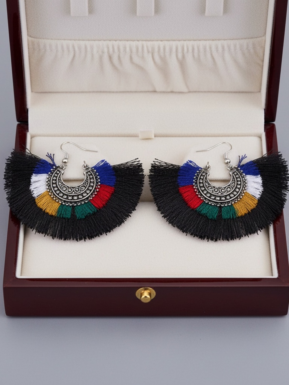 Womens Black Silk‎ Fringe Rocker Earrings Multi-Color